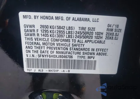 2018 Honda Pilot Elite из США, поврежденный, VIN 5FNYF6H0XJB046706